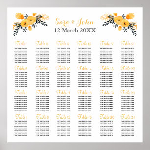 yellow grey watercolor floral wedding seating plan poster