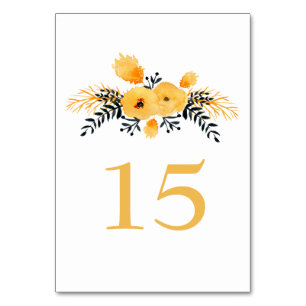 yellow grey watercolor floral wedding table number