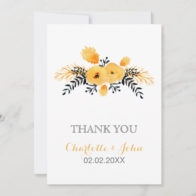 yellow grey watercolor floral wedding Thank You Invitation (Front)