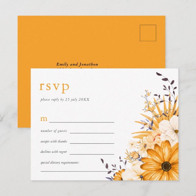 Yellow Grey Watercolor Florals Wedding RSVP Invitation Postcard (Front/Back)