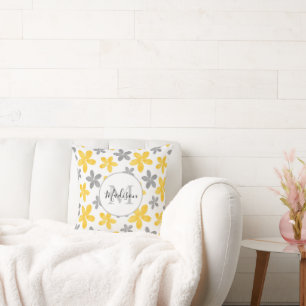 Yellow & Grey Watercolor Flower Pattern  Cushion
