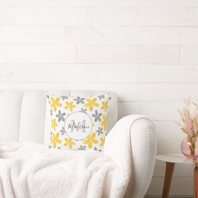 Yellow & Grey Watercolor Flower Pattern  Cushion (Couch)
