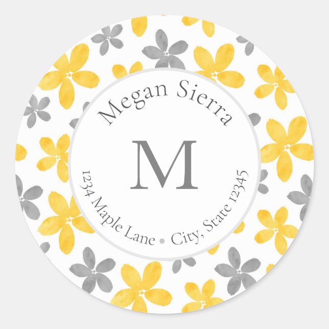  Yellow & Grey Watercolor Flower Pattern labels (Front)