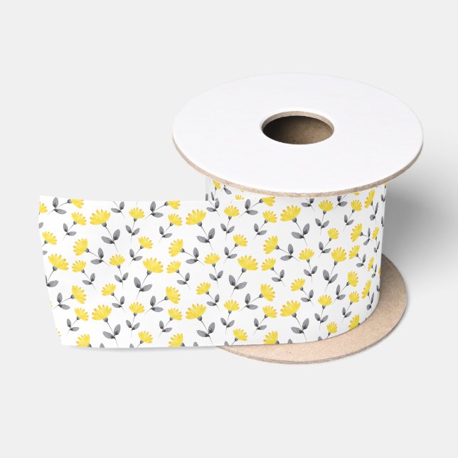 Yellow Grey Watercolor Flower Pattern Satin Ribbon (Spool)