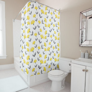 Yellow Grey Watercolor Flower Pattern Shower Curtain