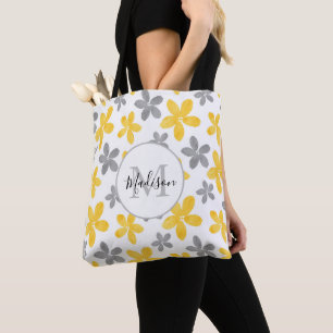 Yellow & Grey Watercolor Flower Pattern Tote Bag