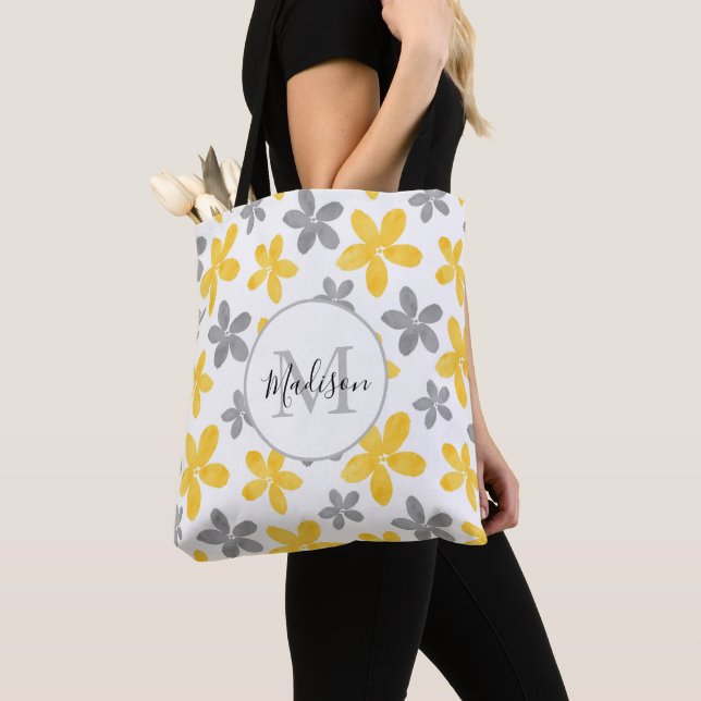 Yellow & Grey Watercolor Flower Pattern  Tote Bag (Close Up)