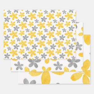 Yellow & Grey Watercolor Flower Pattern  Wrapping Paper Sheet
