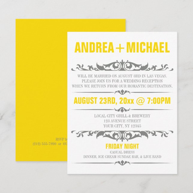 Yellow & Grey Wedding Reception ONLY Invitations (Front/Back)