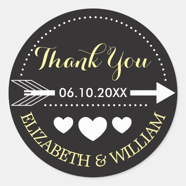 Yellow Grey Wedding Sticker Thank You Arrow Hearts (Front)