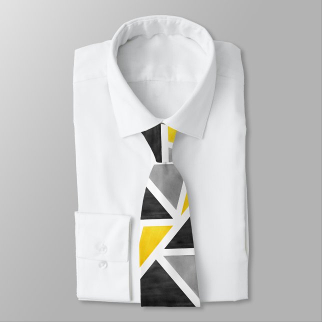 Yellow Grey White Abstract Geometric Tie (Tied)