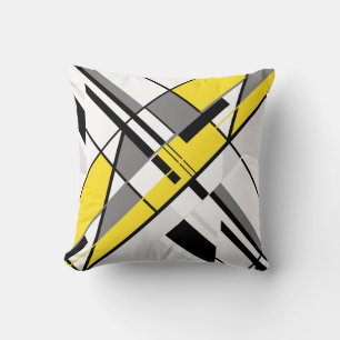 Yellow Grey White Black Diagonal Crisscross Design Cushion