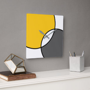 Yellow Grey White Circles   Square Wall Clock
