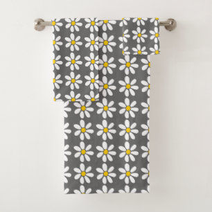 Yellow Grey White Daisy Pattern Bath Towel Set