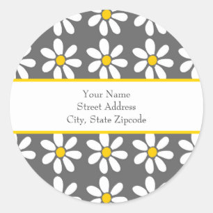 Yellow Grey White Daisy Pattern Classic Round Sticker