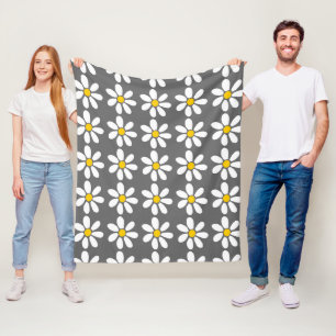 Yellow Grey White Daisy Pattern Fleece Blanket