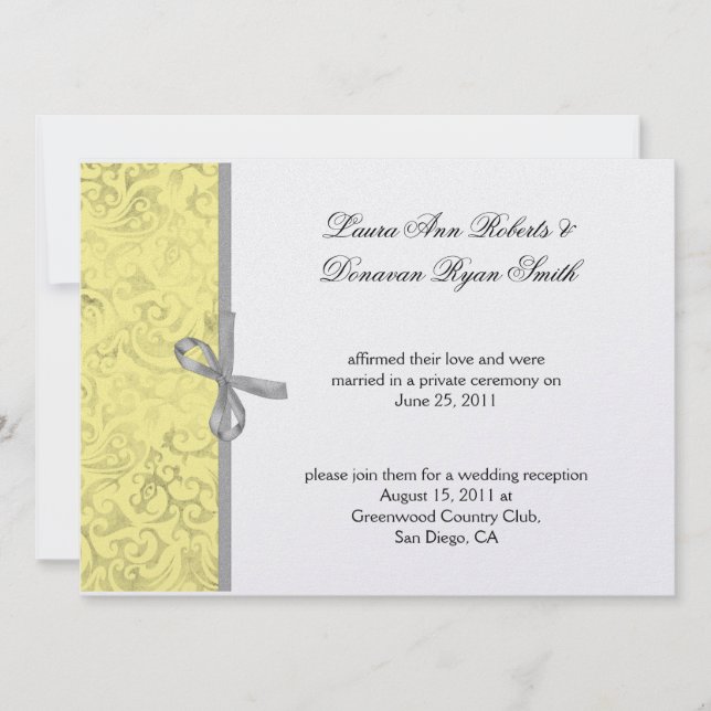 Yellow Grey White Damask Post Wedding Invitation (Front)
