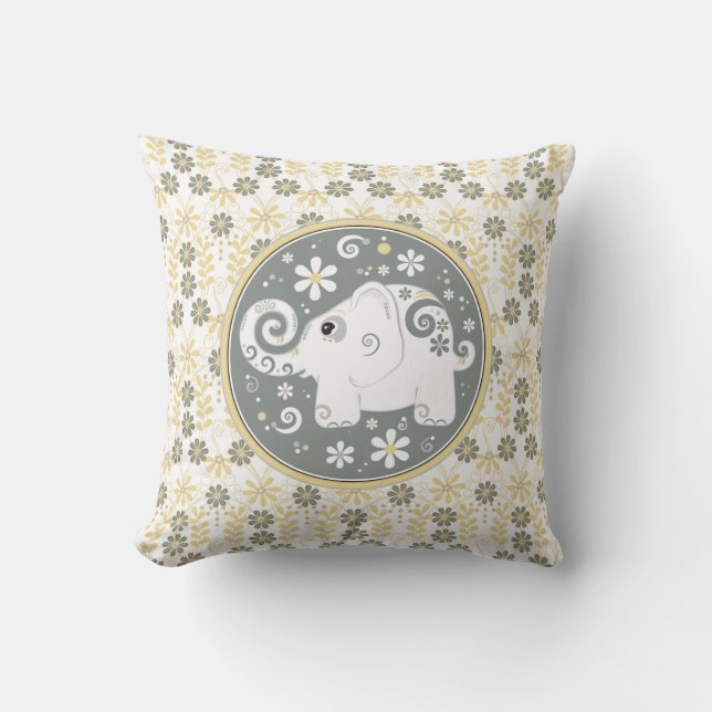 Yellow Grey White Elephant Daisy Floral Pillow (Front)