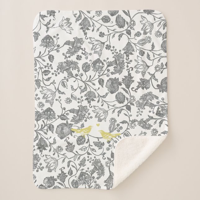 Yellow Grey White Floral Bird Farmhouse Pattern Sherpa Blanket (Front)