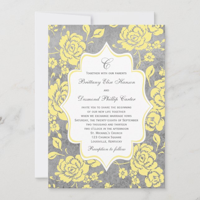 Yellow Grey White Floral Damask Wedding Invitation (Front)