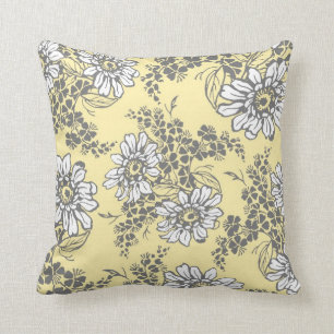 Yellow Grey White Floral Decorative Pillow