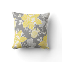 Yellow Grey White Floral Decorative Pillow