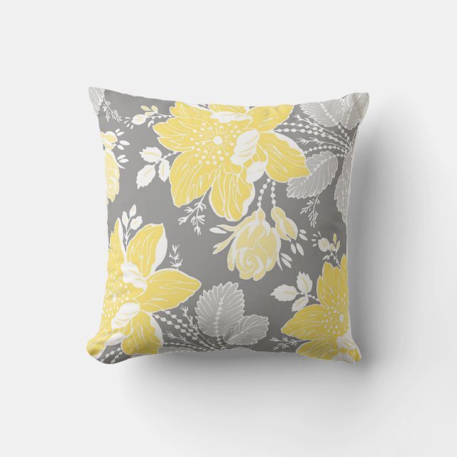 Yellow Grey White Floral Decorative Pillow (Front)