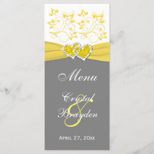 Yellow, Grey, White Floral Joined Hearts Menu Card
