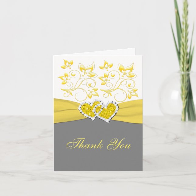 Yellow, Grey, White Joined Hearts Thank You Card (Front)