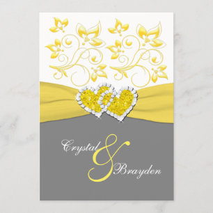 Yellow, Grey, White Joined Hearts Wedding Invite