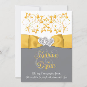 Yellow, Grey, White Love Hearts Wedding Invitation