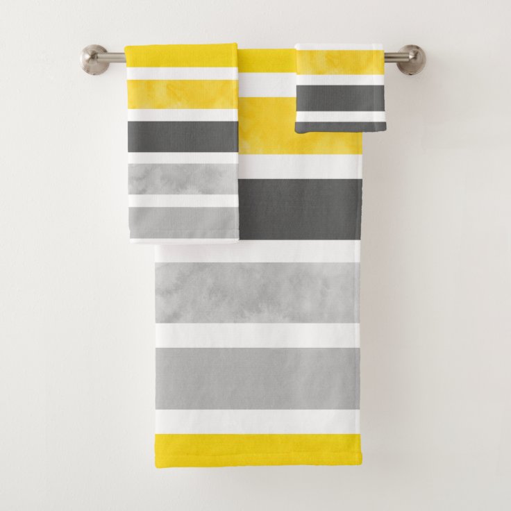 blue and yellow striped bath towels