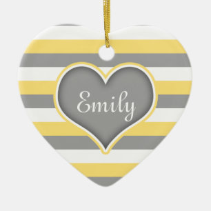 Yellow Grey White Stripes & Heart Ceramic Tree Decoration