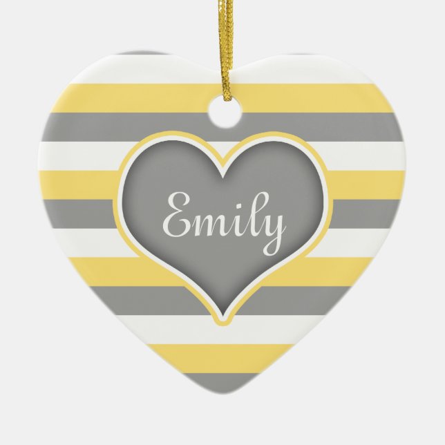 Yellow Grey White Stripes & Heart Ceramic Tree Decoration (Front)