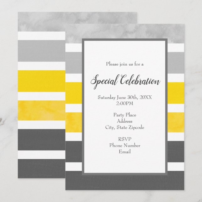 Yellow Grey White Stripes Invitation (Front/Back)