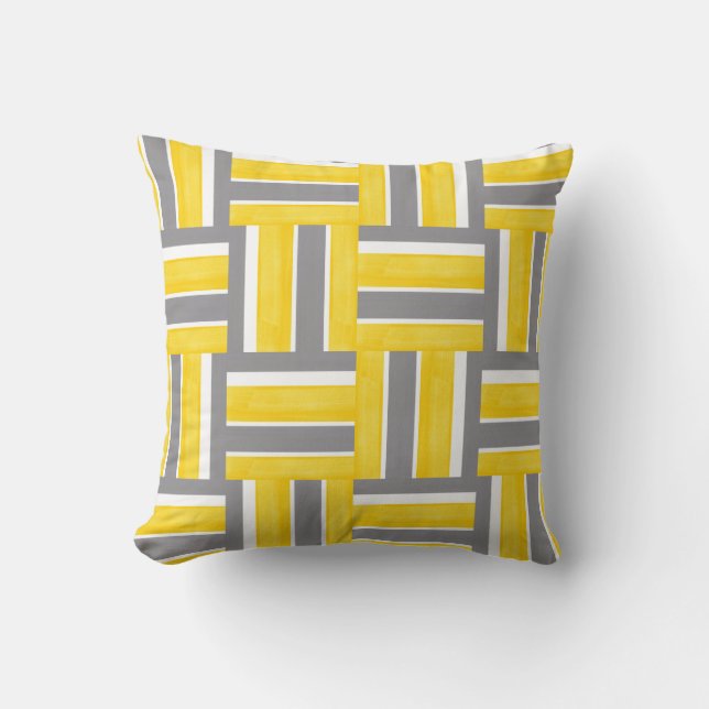 Yellow Grey White Stripes Modern Pattern Cushion (Front)