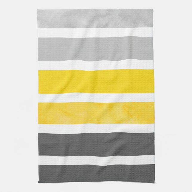 Yellow Grey White Watercolor Stripes Tea Towel (Vertical)