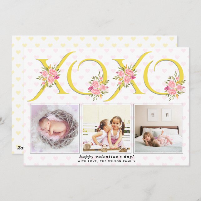 Yellow, grey XOXO Pink roses photo Valentines Day Holiday Card (Front/Back)