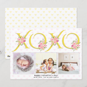 Yellow, grey XOXO Pink roses photo Valentines Day Holiday Card