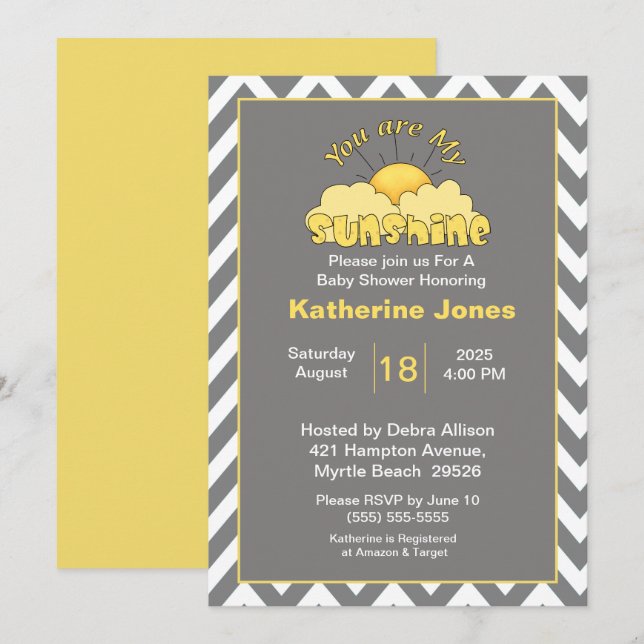 Yellow Grey  You Are My Sunshine Baby Shower Invitation (Front/Back)