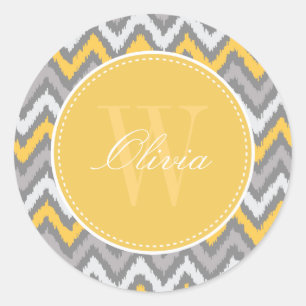 Yellow Grey Zigzag Ikat Pattern Monogram Classic Round Sticker