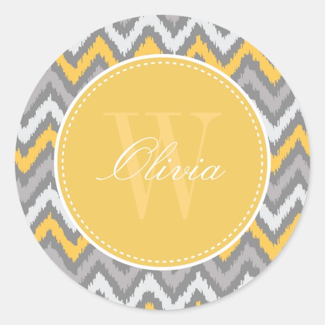 Yellow Grey Zigzag Ikat Pattern Monogram Classic Round Sticker (Front)