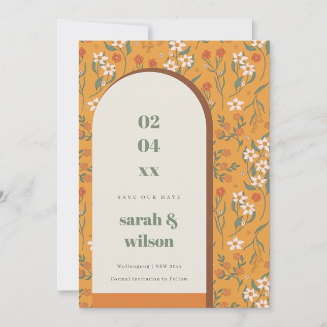Yellow Groovy Retro Arch Floral Save The Date Card (Front)