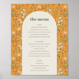 Yellow Groovy Retro Arch Floral Wedding Menu Post Poster