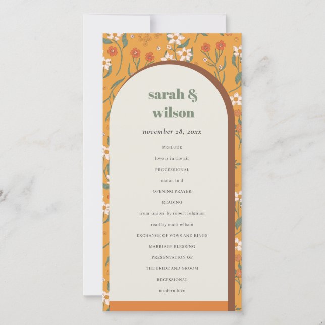 Yellow Groovy Retro Arch Floral Wedding Program Thank You Card (Front)