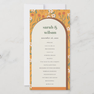 Yellow Groovy Retro Arch Floral Wedding Program Thank You Card