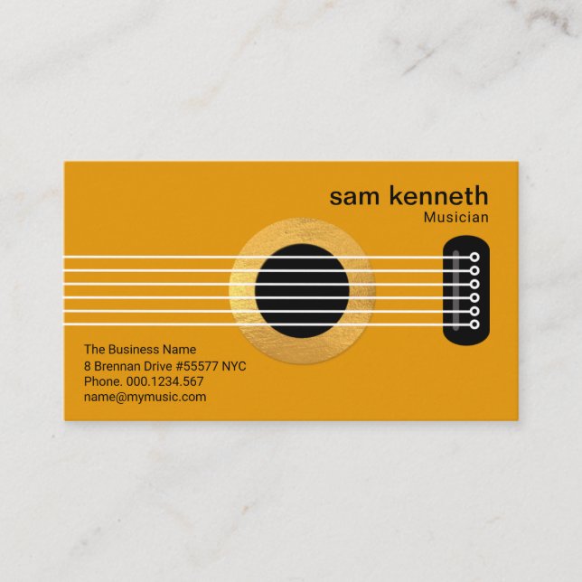 Yellow Guitar Gold Sound Hole Music Teacher Business Card (Front)