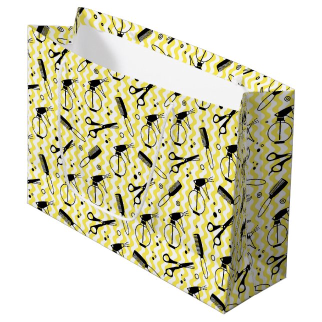 Yellow Hairdresser Tool Pattern Large Gift Bag (Front Angled)