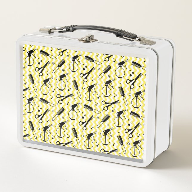 Yellow Hairdresser Tool Pattern Metal Lunch Box (Front)