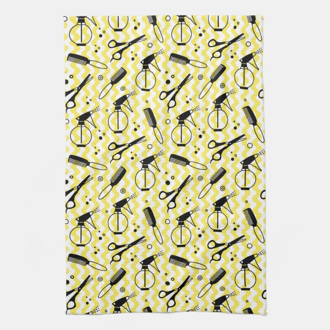 Yellow Hairdresser Tool Pattern Tea Towel (Vertical)
